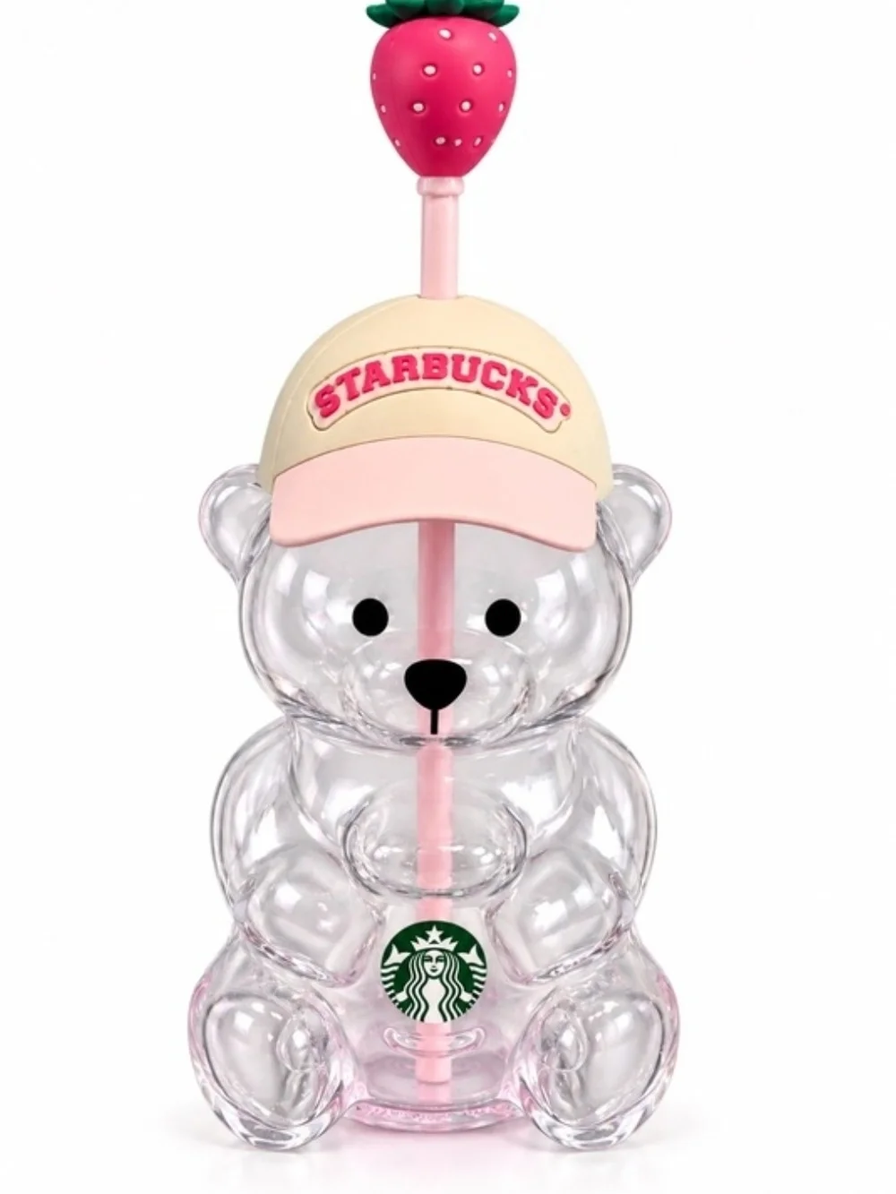 Starbucks Clear Bear Tumbler with Cream Pink Cap and Strawberry Topper